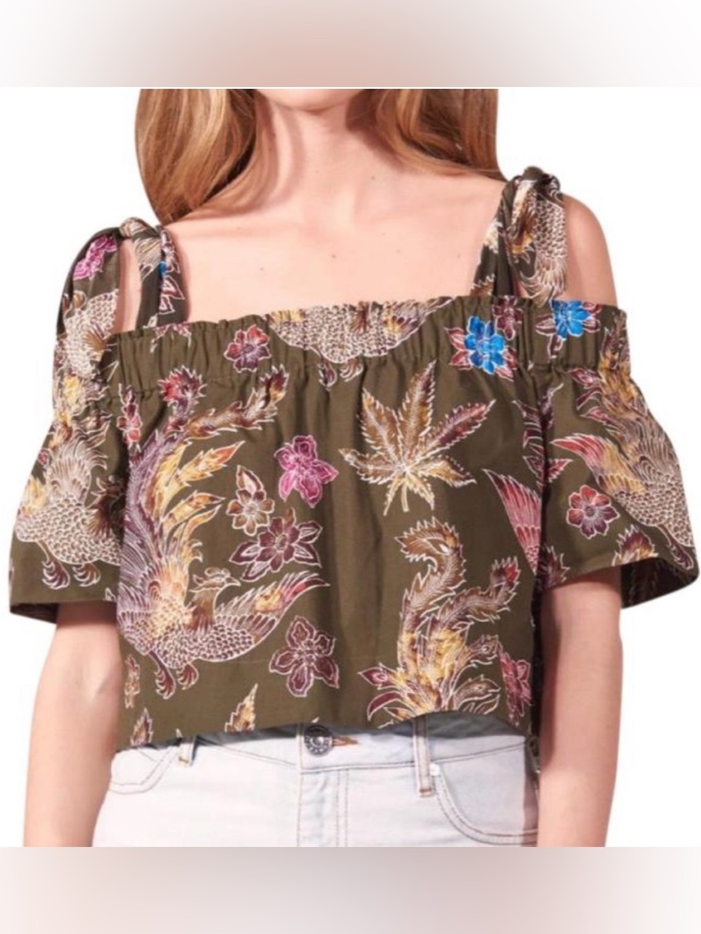 Sandro Paris Off Shoulder Tropical Floral Phoenix Top Green Sz 3 Large